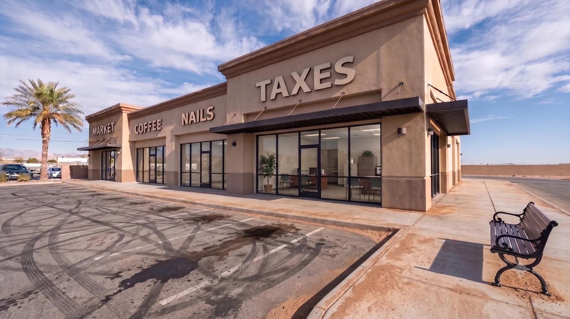 Commercial strip mall storefront and walkway being pressure washed clean, Las Vegas