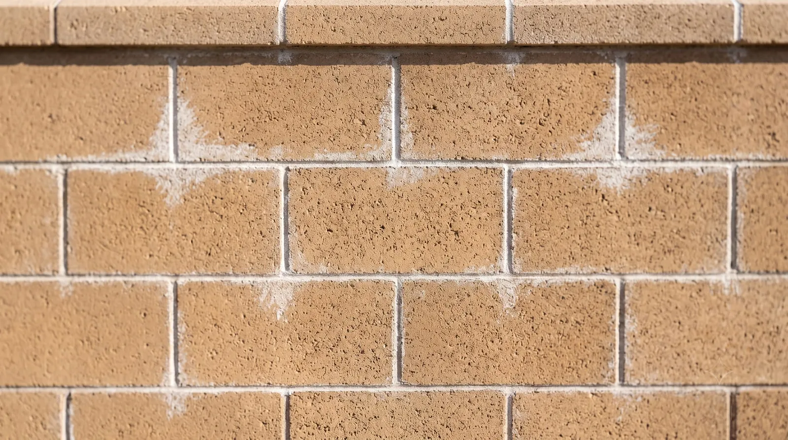 Close-up of salt bloom tracing mortar joints before removal