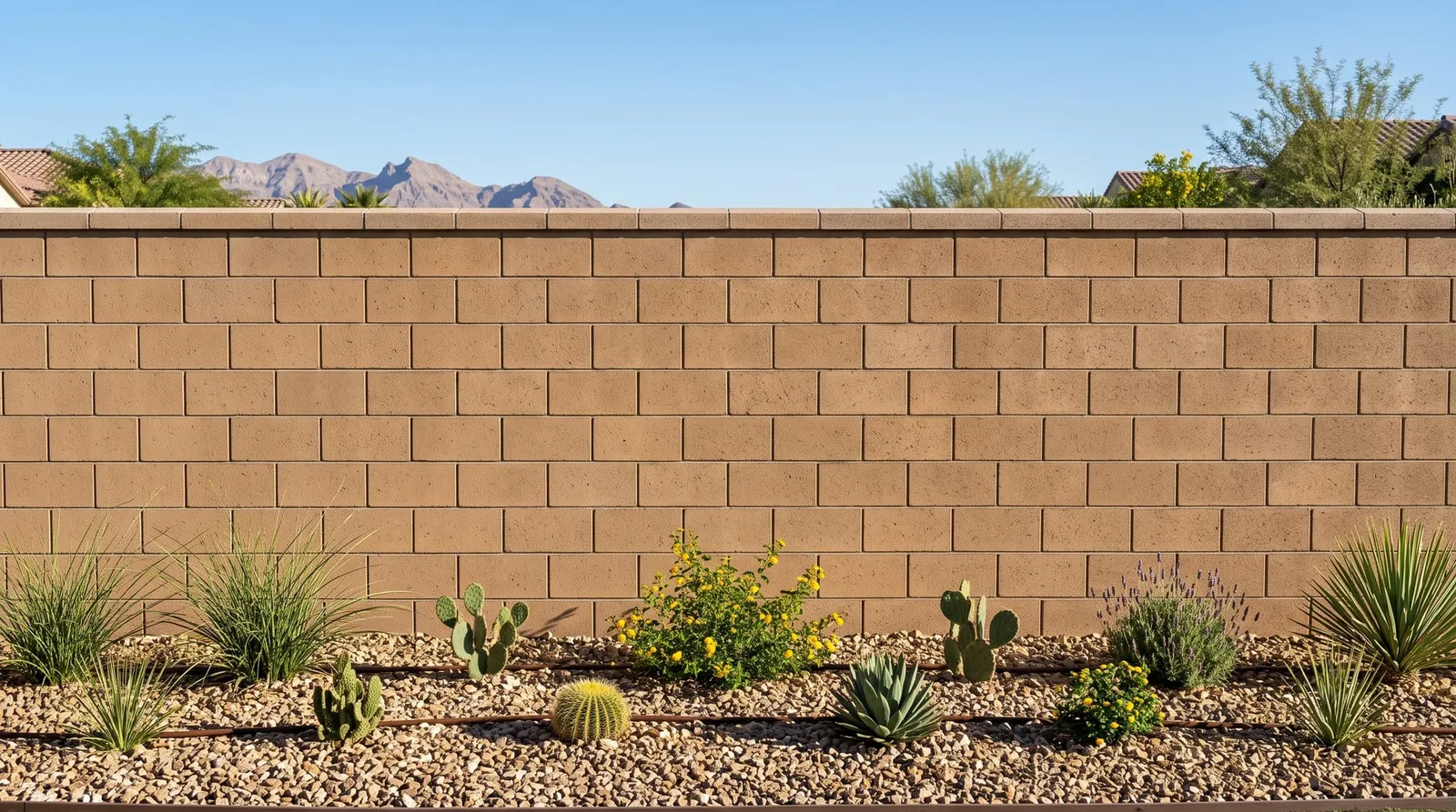 Clean tan block wall after efflorescence removal, Las Vegas backyard