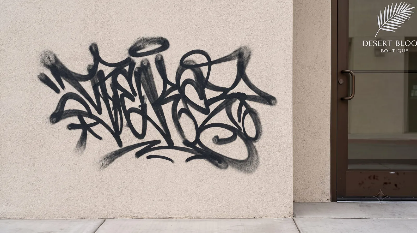 Spray tag across painted stucco beside a shop entry before removal