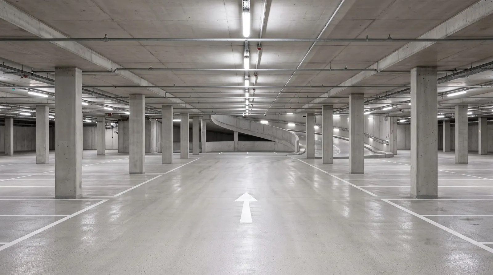 Bright parking garage deck and columns after cleaning