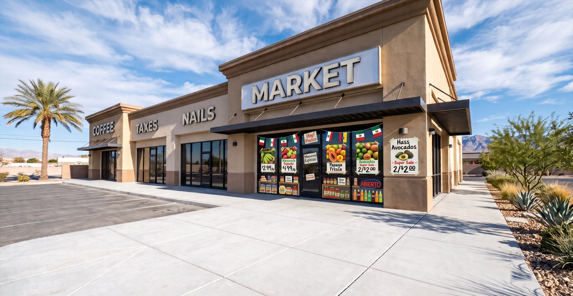 Clean bright strip mall storefront and walkway after commercial pressure washing