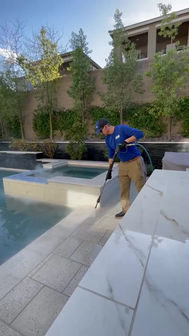 Power Wash America crew cleaning a pool and spa deck at a Las Vegas valley home